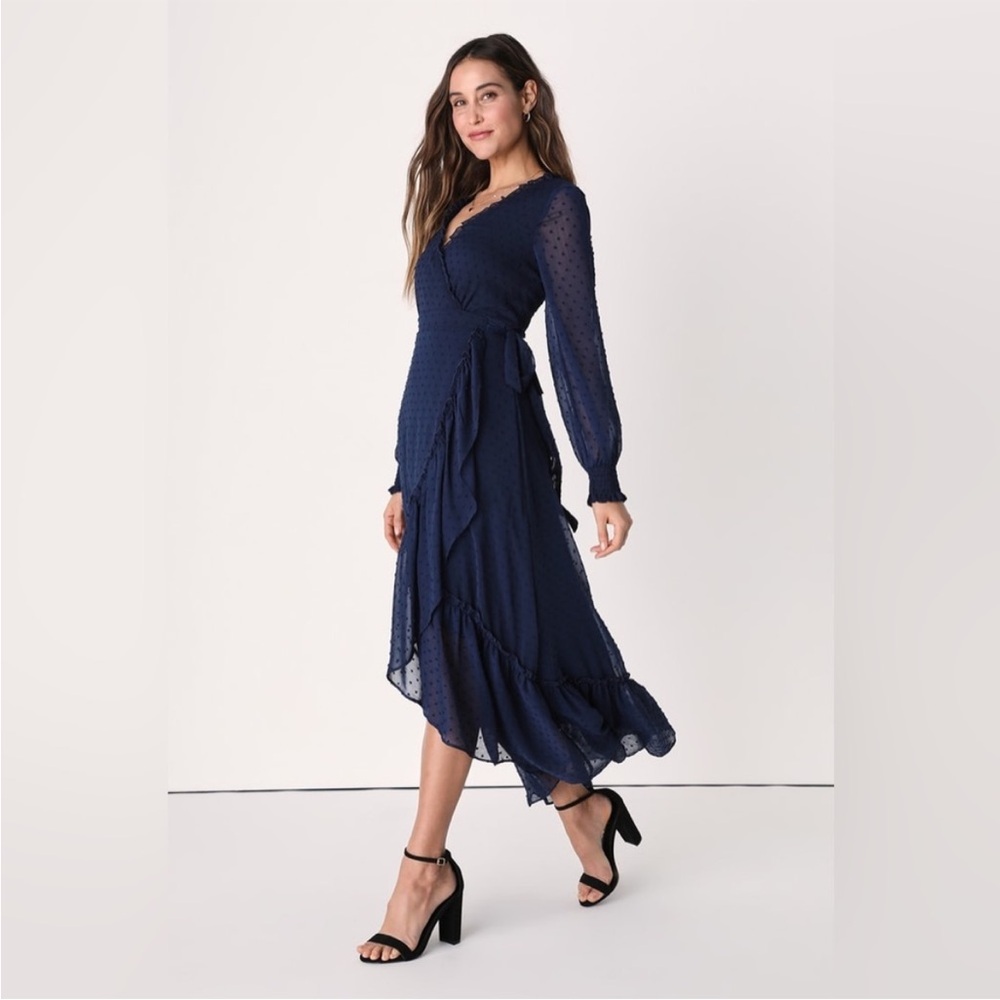 Perfectly Darling Navy Blue Swiss Dot High-Low Wrap Dress - NEW WITH TAGS!